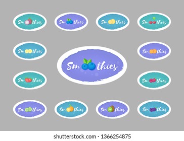Collection of smoothie drink sticker vector illustration. Hand drawn sign Smoothies on color background with fruit on isolated smoothie cocktail sticker for decoration shop sticker or promo discount