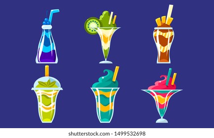 Collection of Smoothies, Bright Layered Fresh Cocktails Vector Illustration