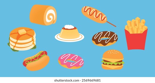 collection of snack unhealthy food, fast food, roll cake, pancake with butter and honey, hotdog, hamburger, fries, donut, pudding and corndog illustration