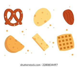 Collection of snacks. Mix of crackers, chips, nuts and cookies. Design elements for website, presentation, flyer, brochure. Vector illustration