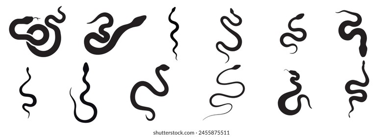 Collection of snake silhouettes isolated. Silhouette of snakes. Hand drawn vector art.