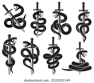 collection of snake and sword in tattoo style isolated on white background