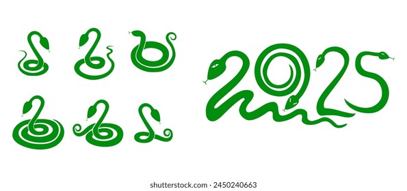 Collection of snakes isolated on White background. appy chinese new year 2025 the snake zodiac sign. 2025 Chinese Year of the Snake. Decorate numbers 2025 Vector illustration