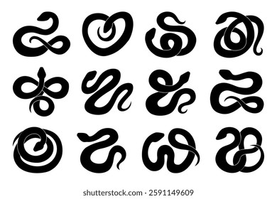Collection of Snakes silhouettes isolated on transparent background. Big set of black snakes. Symbol of Chinese New Year 2025. Vector illustration