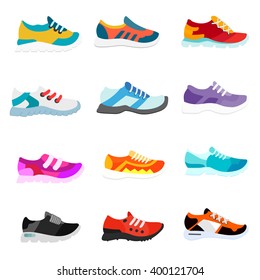 Collection sneakers in flat style. Multi-colored sneakers icons set. Sneakers and shoes Flat design vector illustration. collection of shoes on a white background.