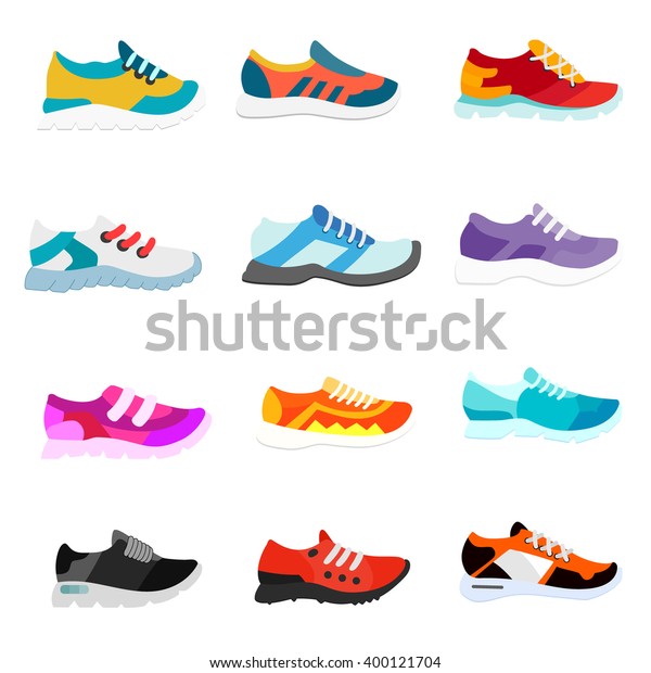 Collection Sneakers Flat Style Multicolored Sneakers Stock Vector ...