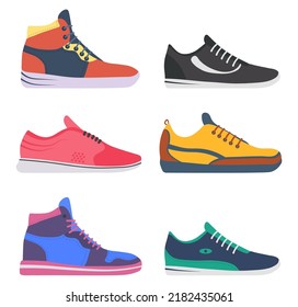 Colección de zapatillas y zapatillas para deporte en estilo plano. Deportistas, ropa de calzado de uso diario aislados en fondo blanco. Juego de iconos de zapatos. Aguas altas y bajas. Ilustración del vector