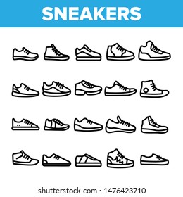 Collection Sneakers Thin Line Icons Set Vector. Man And Woman Shoes Sneakers Linear Pictograms. Boots Footweare Stock Fashion Modern Accessory Concept Monochrome Contour Illustrations