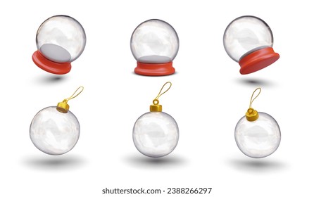 Collection with snow ball with place for object inside, and glass ball. New year toy decoration. Winter holidays and celebrations concept. Vector illustration