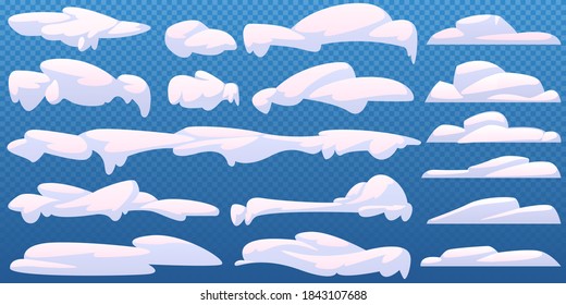 Collection of snow caps. Snowdrifts and icicles, ice cap winter decoration. Winter decor element. Christmas cartoon atmosphere. Snow caps, snowballs and drifts set. Vector illustration