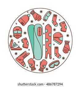 Collection of snowboard equipment in a circle. Vector flat line winter sport icons: snowboard, beanies, gloves, mittens, hat, helmet, goggles, pant and jacket. 