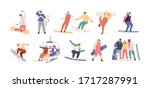 Collection of snowboarders isolated on white background. Extreme winter mountain activity. Set of people wearing outfit riding snowboard. Vector illustration in flat cartoon style