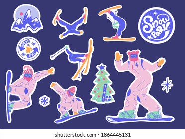 Collection of snowboarders and skier isolated sticker.Extreme winter mountain activity.Set of people wearing outfit riding snowboard.Vector illustration in flat cartoon style.Snow park.
Christmas tree