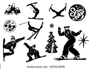 Collection of snowboarders and skier isolated sticker.Extreme winter mountain activity.Set of people wearing outfit riding snowboard.Vector illustration flat cartoon style.Snow park.Black silhouette