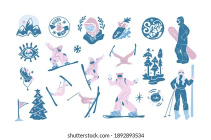 Collection of snowboarders and skier sticker.Extreme winter mountain activity.Set of people wearing outfit riding snowboard.Vector illustration in flat cartoon style.active lifestyle.Christmas tree