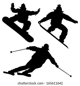 Collection. Snowboarders And A Skier. Vector