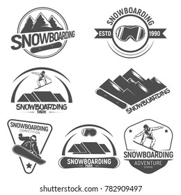 Collection of Snowboarding logos. emblems and symbols in retro style