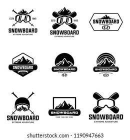 Collection of snowboarding logos. Winter outdoor activity emblems and symbols in retro style. Extreme sport.