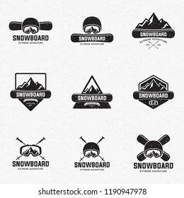 Collection of snowboarding logos. Winter outdoor activity emblems and symbols in retro style. Extreme sport.