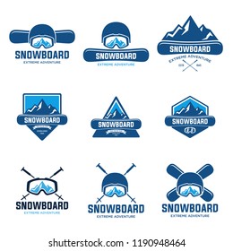 Collection of snowboarding logos. Winter outdoor activity emblems and symbols in retro style. Extreme sport.