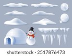 Collection of snowdrifts and icicles of different shapes in realistic style. Winter elements - snowman and icehouse igloo. Vector illustration.