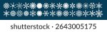 Collection of snowflake variations icons. Snowflakes white ice crystals on dark background. Symbol of winter. Christmas logo hand drawing. Not AI. Vector illustration.