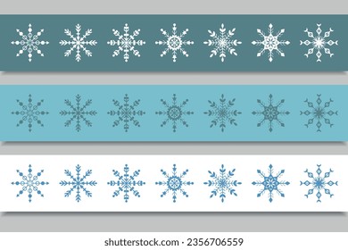 Collection of snowflake variations icons. Snowflakes of white ice crystal on a blue background. Winter symbol. Christmas logo.