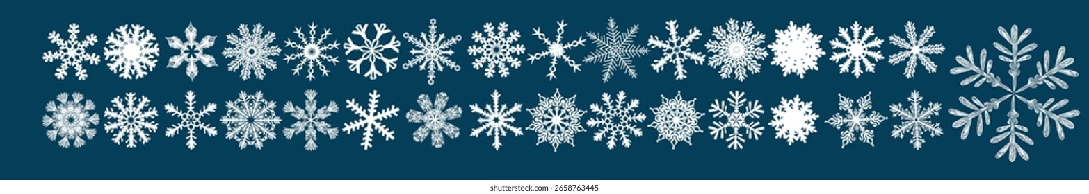 Collection of snowflake variations icons. Snowflakes white ice crystals on dark background. Symbol of winter. Christmas logo hand drawing. Not AI. Vector illustration.
