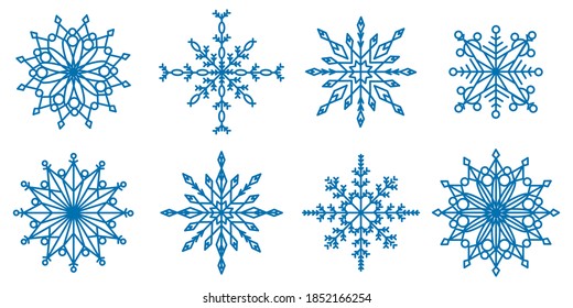 Sammlung von Schneeflocken aller Formen und Formen. Schneeflocken-Design für den Winter. Winterelemente aus blauem Weihnachtskuchen Kristall. Vektorgrafik
