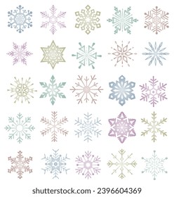 Colección de copos de nieve en gradiente aislado en fondo blanco. Un buen elemento para carteles de Navidad, tarjetas. Conjunto de copos de nieve orgánicos y geométricos. EPS 10.