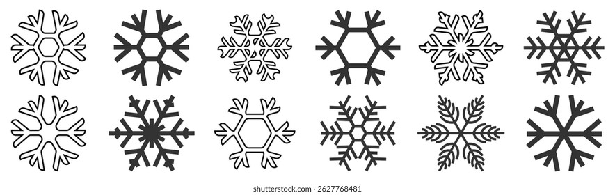 Collection of snowflakes icons. New Year and Christmas attribute. Weather element snowflake. The symbol of cold, snow, winter and frost. Isolated abstract raster, vector illustration.