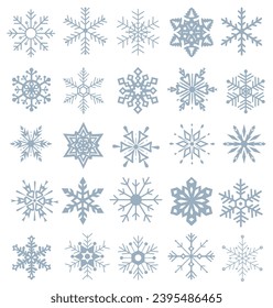Colección de copos de nieve aislados en segundo plano. Buen elemento para las pancartas navideñas, tarjetas. Conjunto de copos de nieve orgánicos y geométricos. EPS 10.
