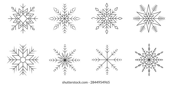 Collection of snowflakes linear vector icon. Christmas, x-mas, winter snowflake vector symbol. Geometric snowflake template. Vector illustration.