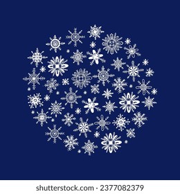 Colección de copos de nieve sobre fondo azul. Doodle dibujado a mano. Ilustración vectorial. Climas de invierno aislados para el diseño y la decoración de las vacaciones