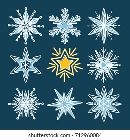Collection of snowflakes in thin line style isolated on blue background