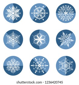 Collection of snowflakes vector icon background set blue color. Winter white christmas snow flake crystal element. Weather illustration ice collection. Xmas frost flat isolated silhouette symbol