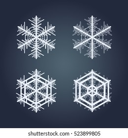 Collection of snowflakes. Winter decorative element. Set of vector snowflakes isolated on blue background.