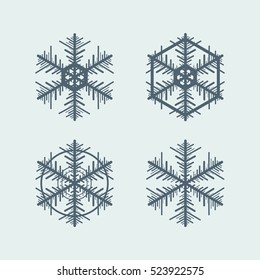 Collection of snowflakes. Winter decorative element. Set of vector snowflakes isolated on blue background.