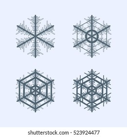 Collection of snowflakes. Winter decorative element. Set of vector snowflakes isolated on blue background.