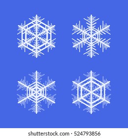 Collection of snowflakes. Winter decorative element. Set of vector snowflakes isolated on blue background.