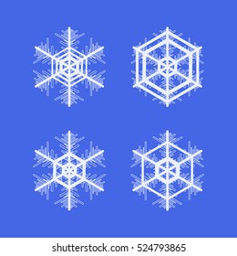 Collection of snowflakes. Winter decorative element. Set of vector snowflakes isolated on blue background.