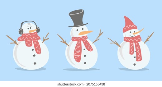 Die Sammlung des Schneemanns. flach handgezeichnete Vektorclip-Kunst auf blauem Hintergrund.