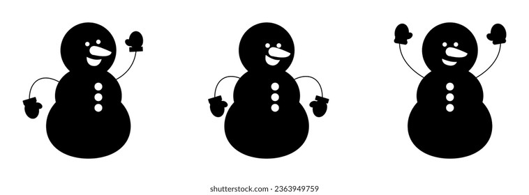 A collection of snowmen.  3 pieces. Black silhouettes. Vector on white background.