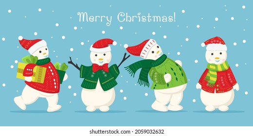 In the collection, the snowmen are dressed in winter clothes, and they have a Santa hat on their head, horizontal view. Vector drawing about winter and Christmas for content, banner, sticker and greet