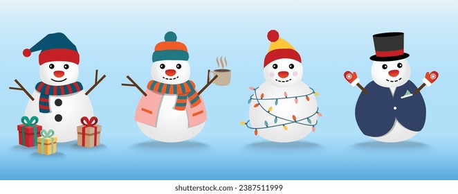 The collection of snowmen wears the winter theme. Graphic resource about winter and Christmas for content, Snowman with champagne, Ice cream, and stick. Vector Illustration.