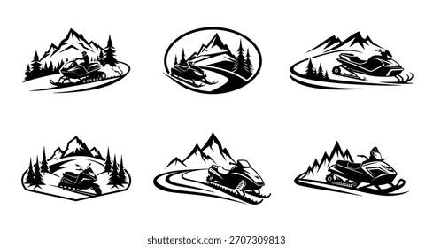 Colección de iconos de motos de nieve con temáticas de montaña y bosque