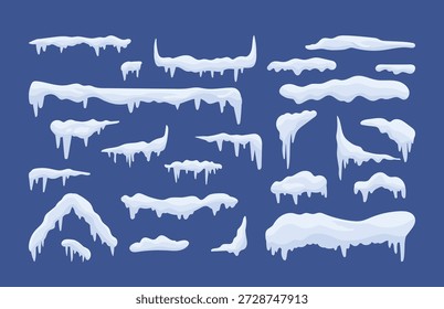 Colección de gorras nevadas y carámbanos congelados colgantes afilados decoración de Navidades y diseños de temporada de Clima frío. Derivas de nieve de invierno para techos Elementos de varias Formas y formas Ilustración vectorial
