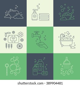 Collection of soap icons for soap or cosmetics shop, handmade soap products. Bathroom elements.  Vector symbols for soap manufacturing industry. 