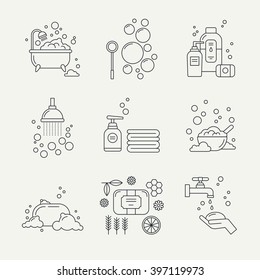 Collection of soap icons for soap or cosmetics shop, handmade soap products. Bathroom elements.  Vector symbols for soap manufacturing industry.