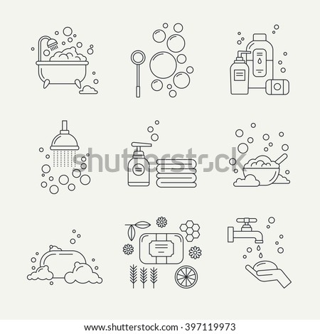 Collection of soap icons for soap or cosmetics shop, handmade soap products. Bathroom elements.  Vector symbols for soap manufacturing industry.